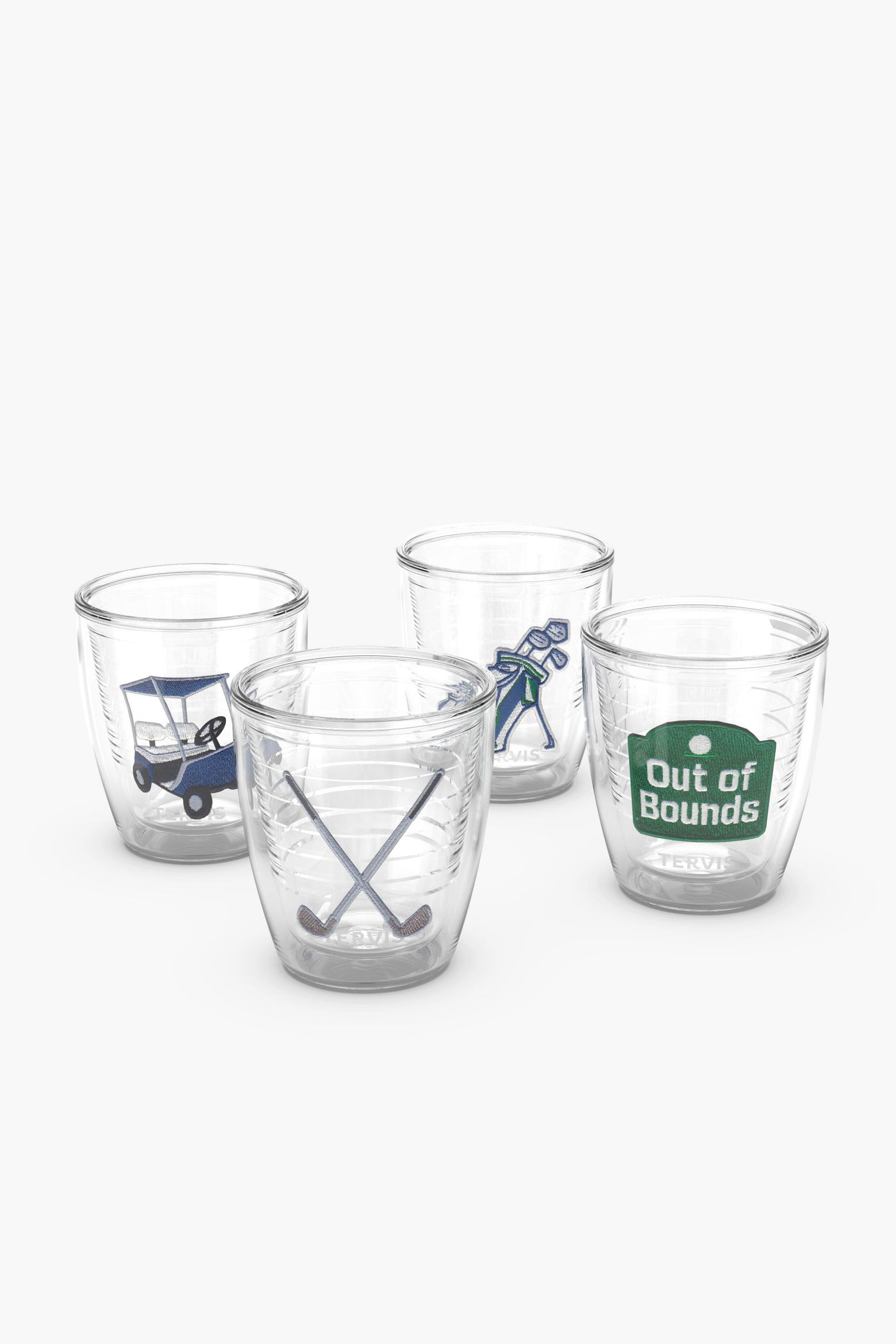 Set of four Tervis Tumbler double-wall insulated cups, each featuring a unique golf emblem—a golf cart, crossed clubs, a golf bag, and an Out of Bounds sign—perfect for any golfer.