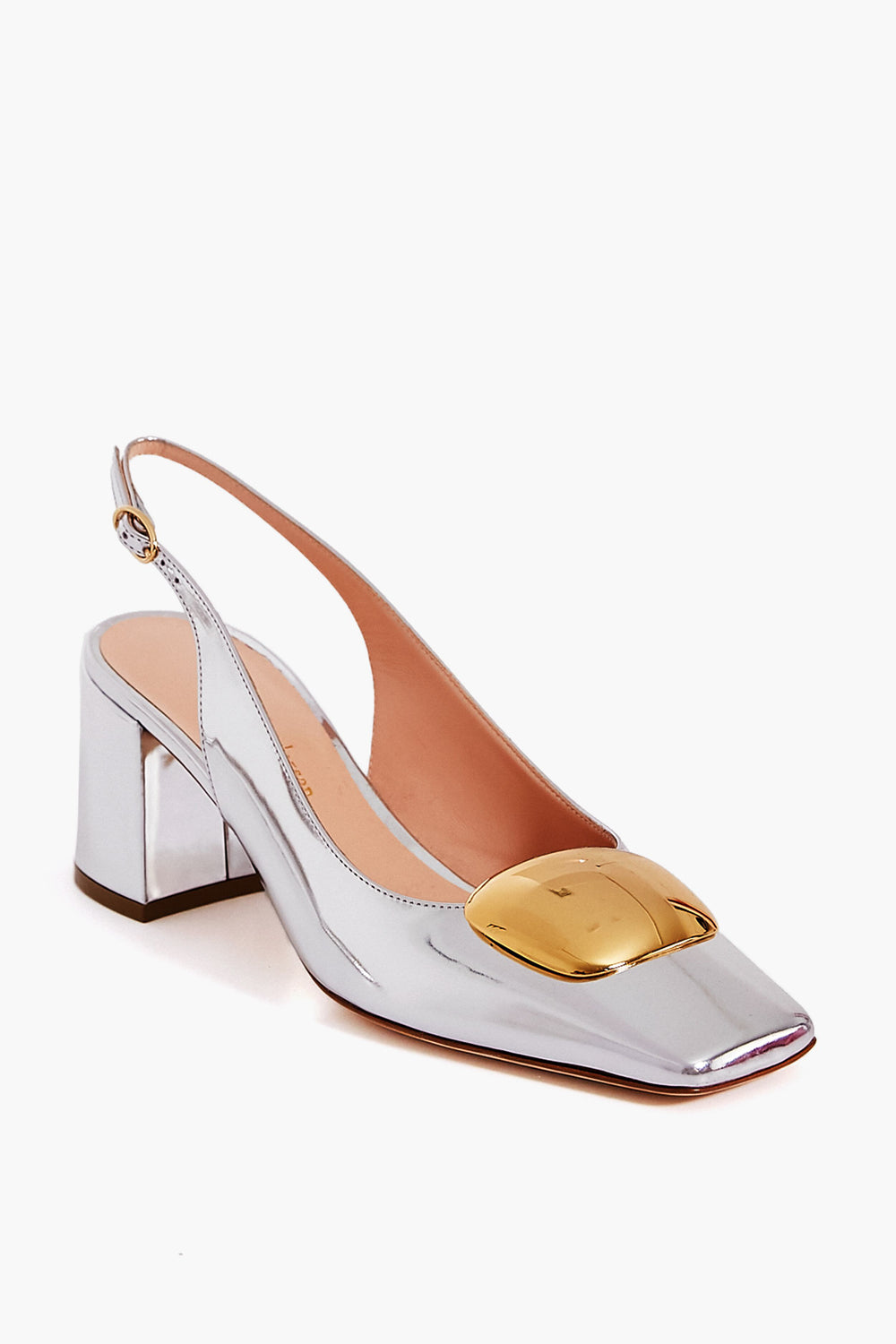 A silver and gold high-heeled slingback shoe inspired by Rupert Sanderson's Silver Mirror Myola Heels.