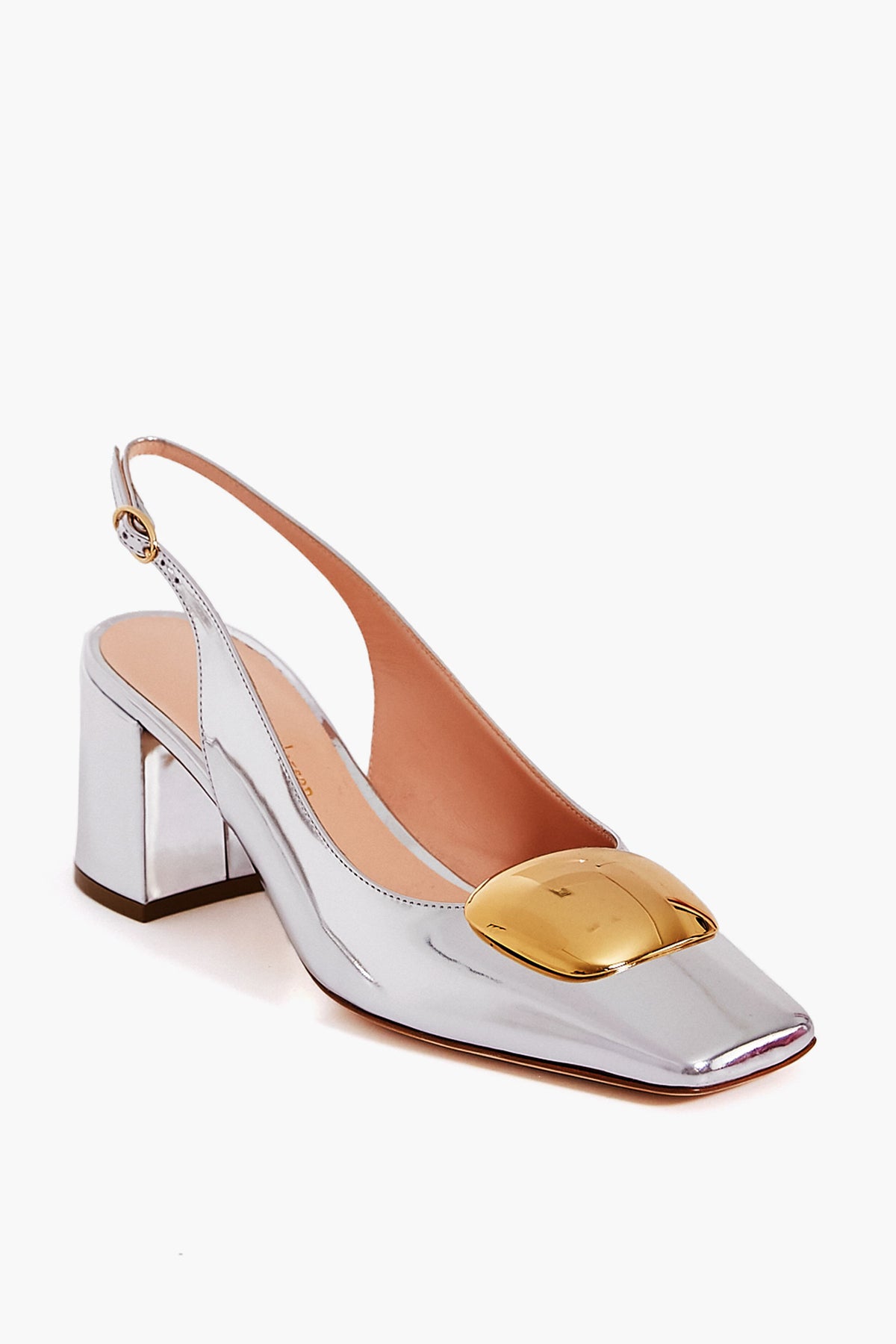 A silver and gold high-heeled slingback shoe inspired by Rupert Sanderson's Silver Mirror Myola Heels.