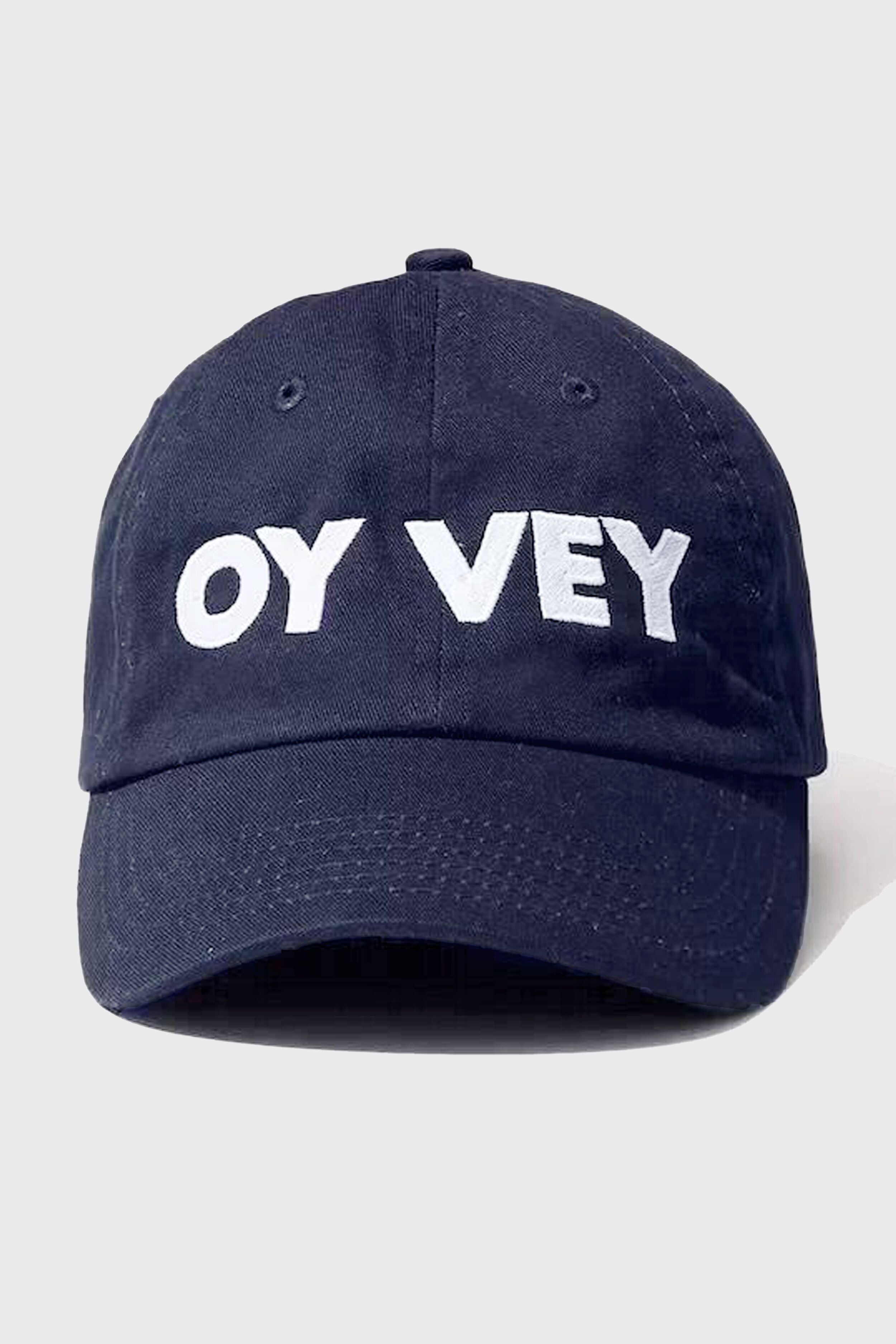 The KULE navy blue OY VEY cap features bold white lettering on the front, making it a perfect match for your favorite stripe tee.