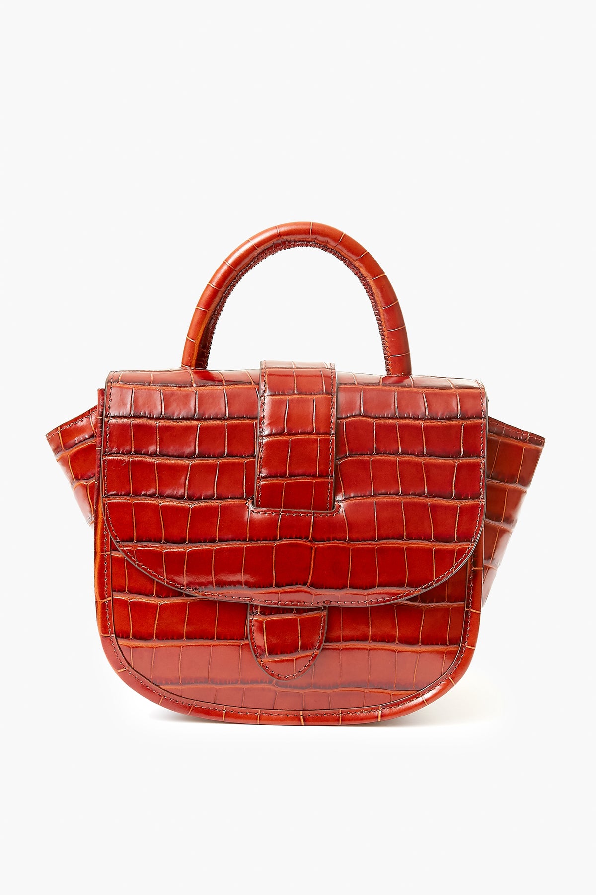 A compact Loeffler Randall bag crafted from glossy red croc-embossed leather features a top handle, front flap, and winged sides.
