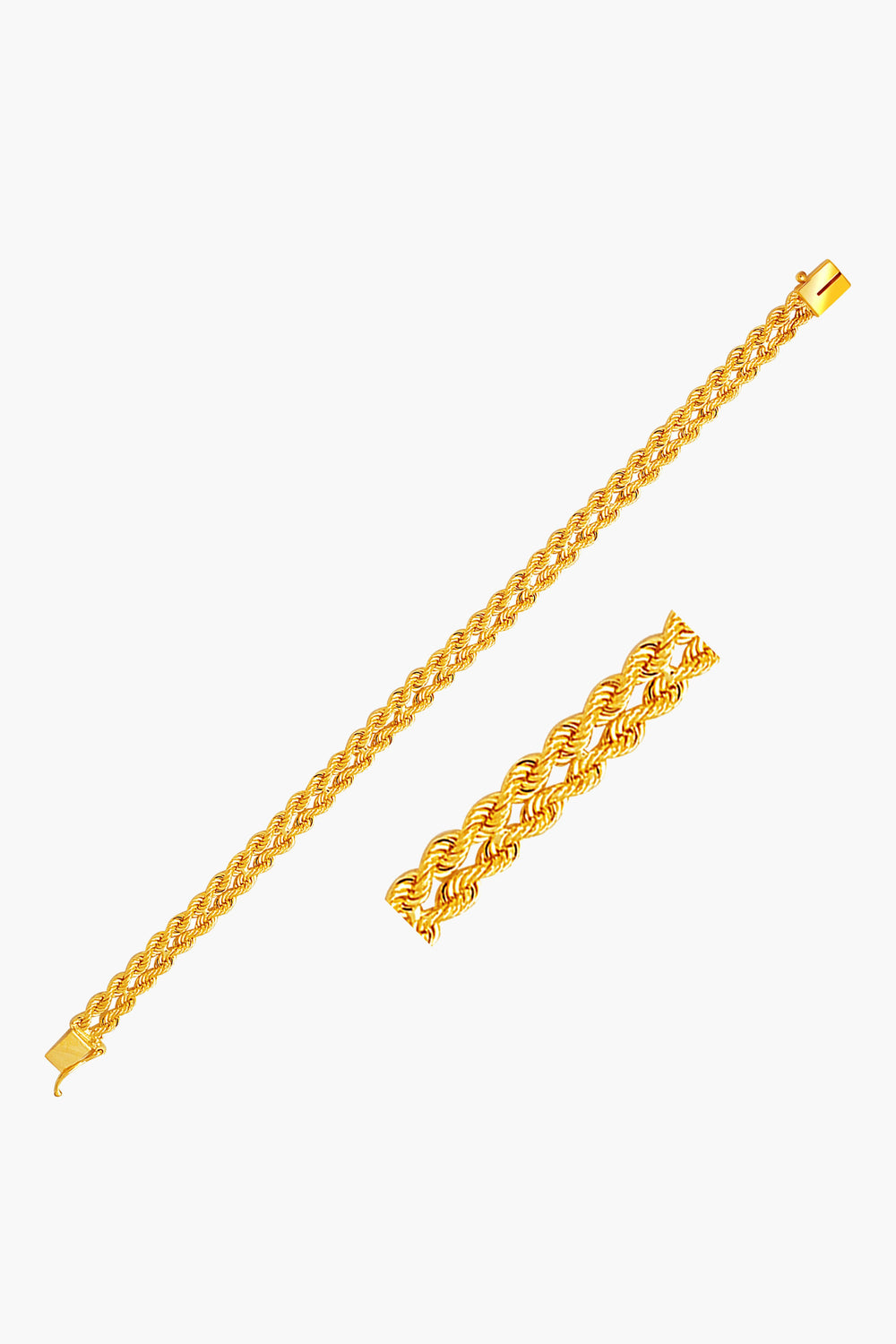 Two Tuckernuck Fine Jewelry yellow gold rope chain bracelets with box clasps, shown fully extended and in a closed circular position.