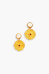 Lizzie Fortunato Golden Eye Flower Earrings feature gold-plated brass, round white studs, and yellow flower pendants with red centers.