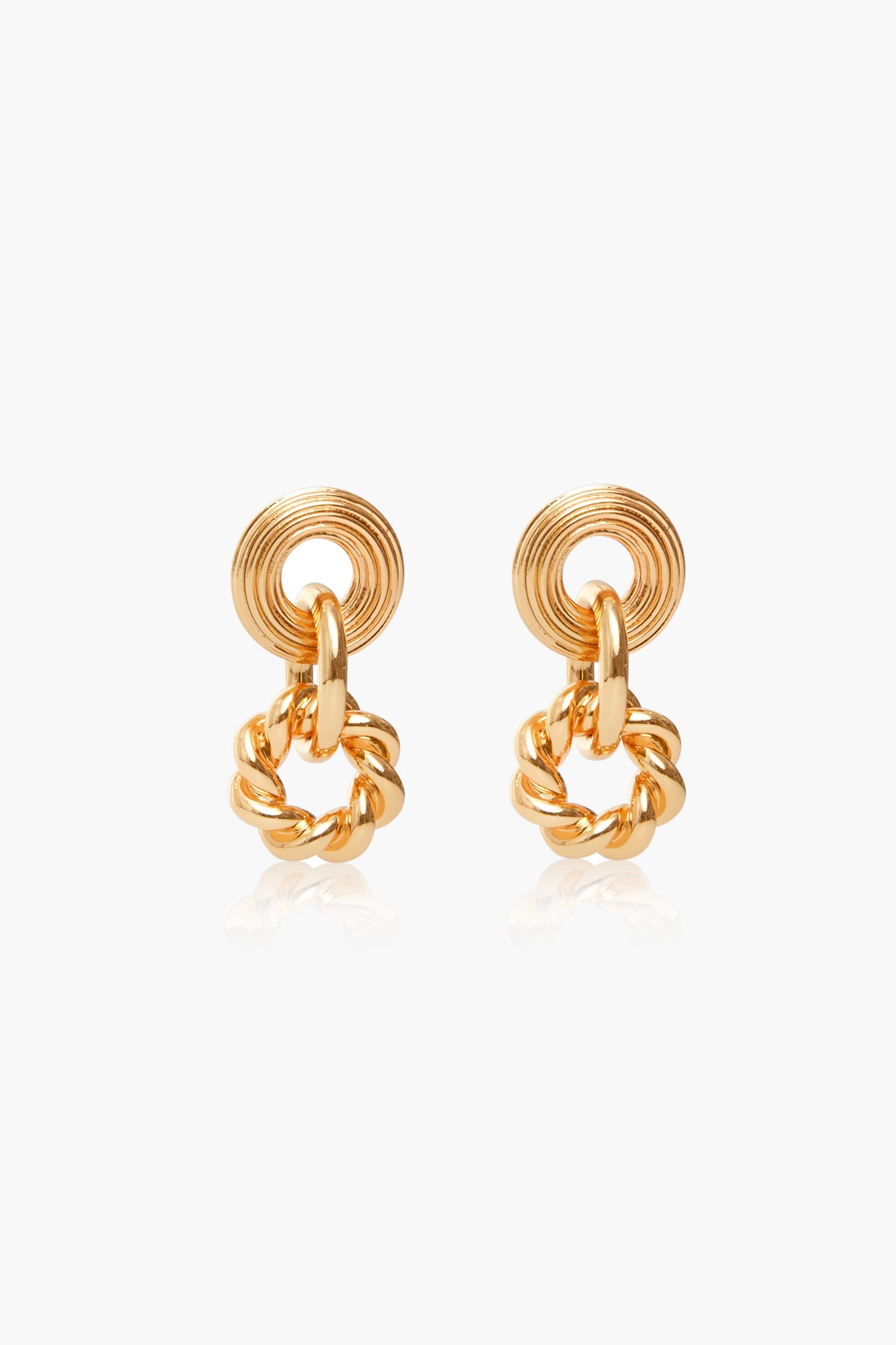 Lizzie Fortunato gold-plated brass earrings with textured circular tops and chunky chain-link hoops.