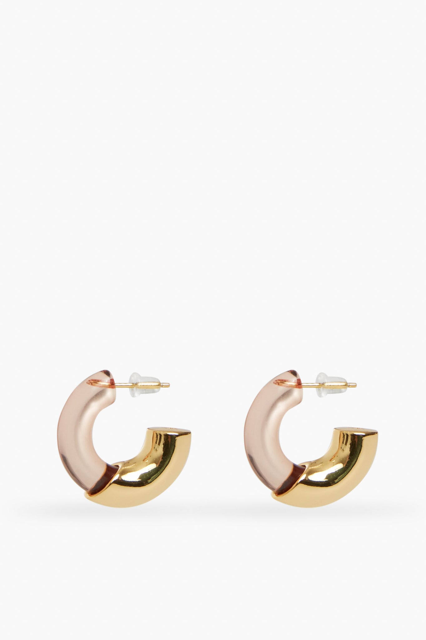 Lizzie Fortunato's small Caramel Infinity Hoops feature a two-tone design with rose gold and yellow gold segments, crafted from gold-plated brass for a refined look.