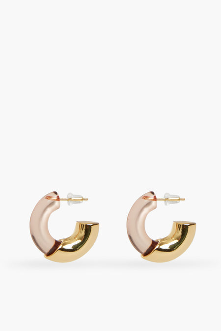 Lizzie Fortunato's small Caramel Infinity Hoops feature a two-tone design with rose gold and yellow gold segments, crafted from gold-plated brass for a refined look.