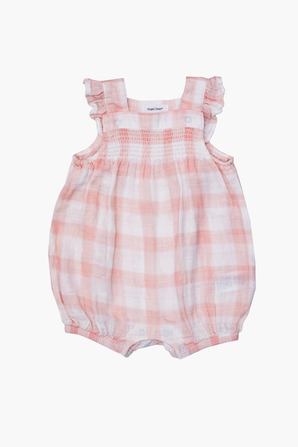 Angel Dear light pink and white gingham baby romper features ruffled sleeves, a smocked chest, snap closures at the bottom, and is crafted from organic cotton for ultimate comfort.