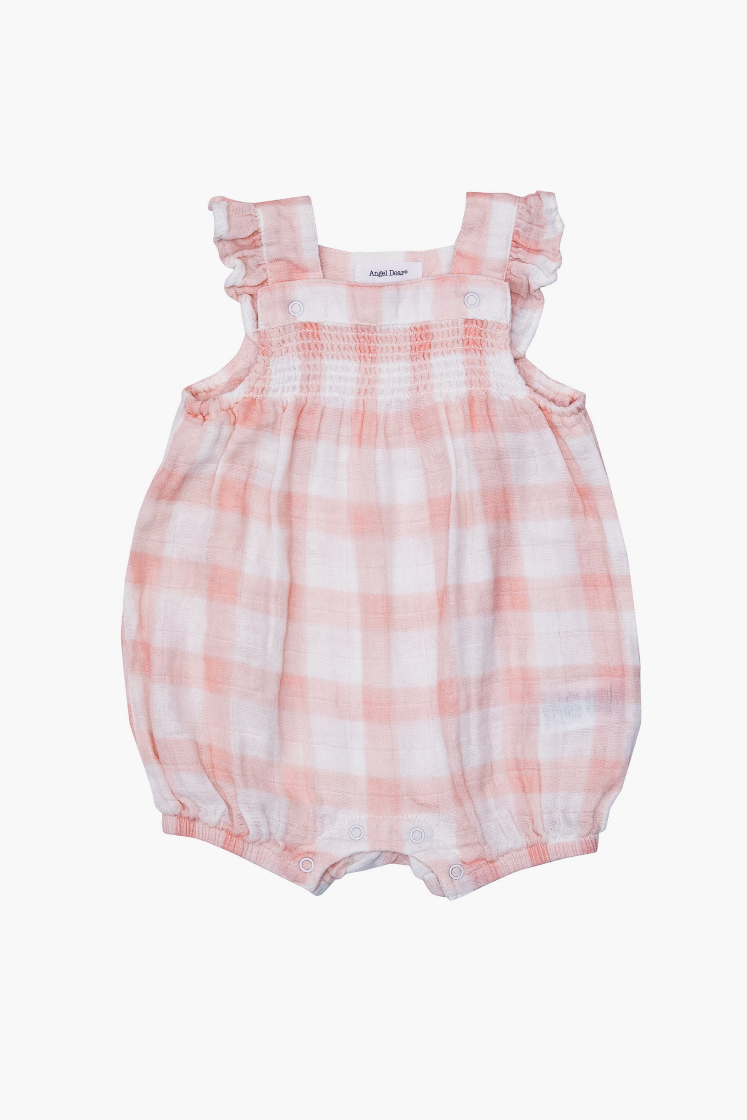 Angel Dear light pink and white gingham baby romper features ruffled sleeves, a smocked chest, snap closures at the bottom, and is crafted from organic cotton for ultimate comfort.