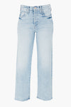 Light blue high-rise jeans by MOTHER, featuring a straight leg, front and back pockets, belt loops, and a button-zipper closure.