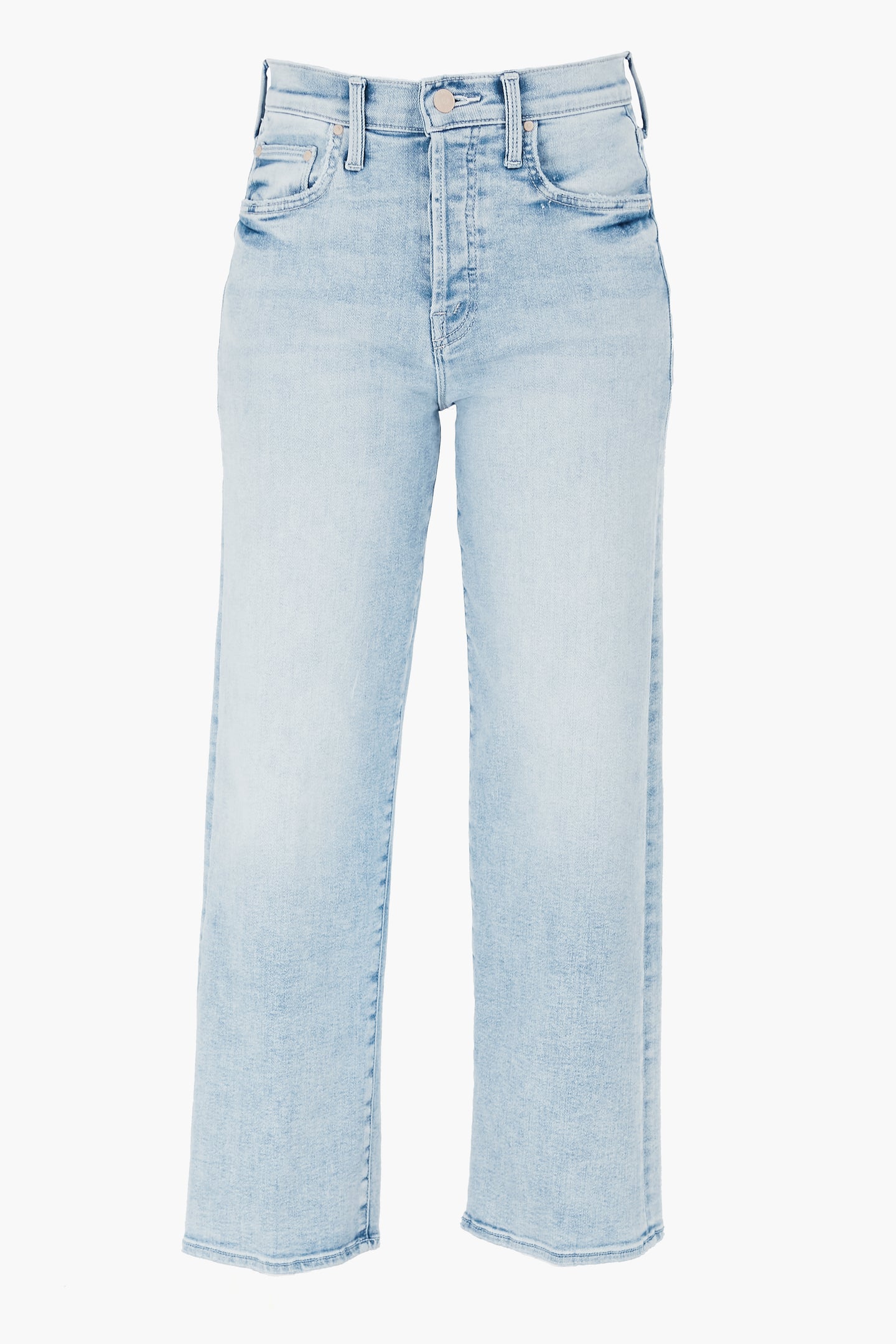 Light blue high-rise jeans by MOTHER, featuring a straight leg, front and back pockets, belt loops, and a button-zipper closure.