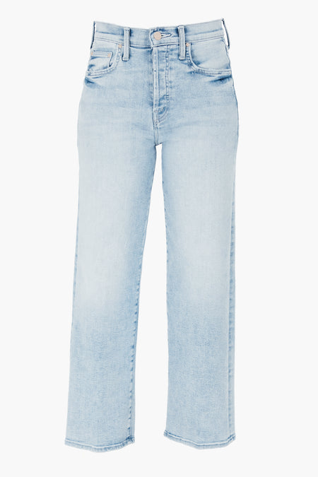 Light blue high-rise jeans by MOTHER, featuring a straight leg, front and back pockets, belt loops, and a button-zipper closure.