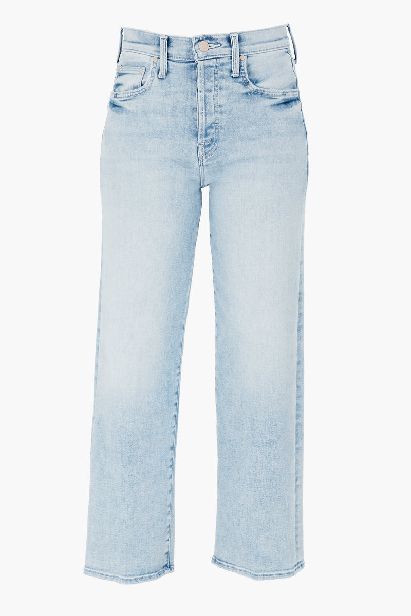Light blue high-rise jeans by MOTHER, featuring a straight leg, front and back pockets, belt loops, and a button-zipper closure.