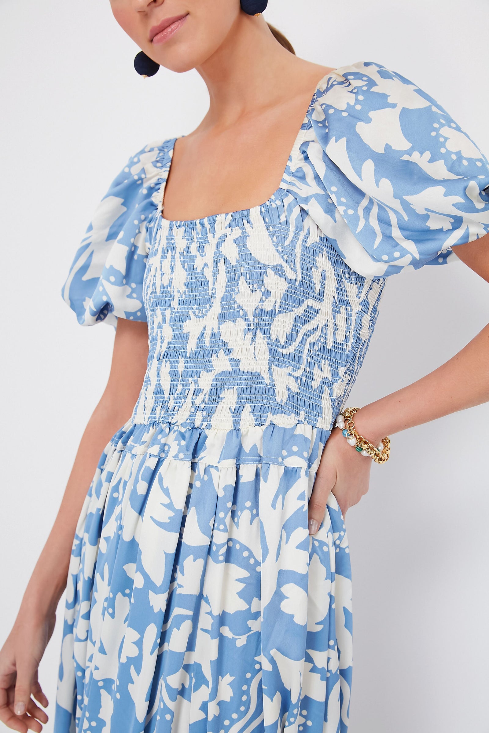 moon river puff sleeve midi dress Blue Puff Sleeve Midi Dress