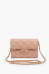 Urban Expressions beige quilted crossbody bag crafted from animal-friendly vegan leather, featuring a gold chain strap and front turn-lock closure.