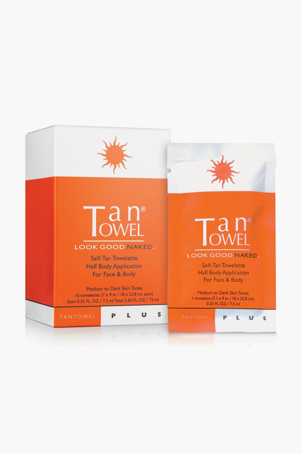 Tan Towel self-tan towelettes come in white and orange packs, ideal for medium to dark skin tones and half-body use. Enjoy a natural-looking sunless tan with each easy-to-use Tan Towel packet.