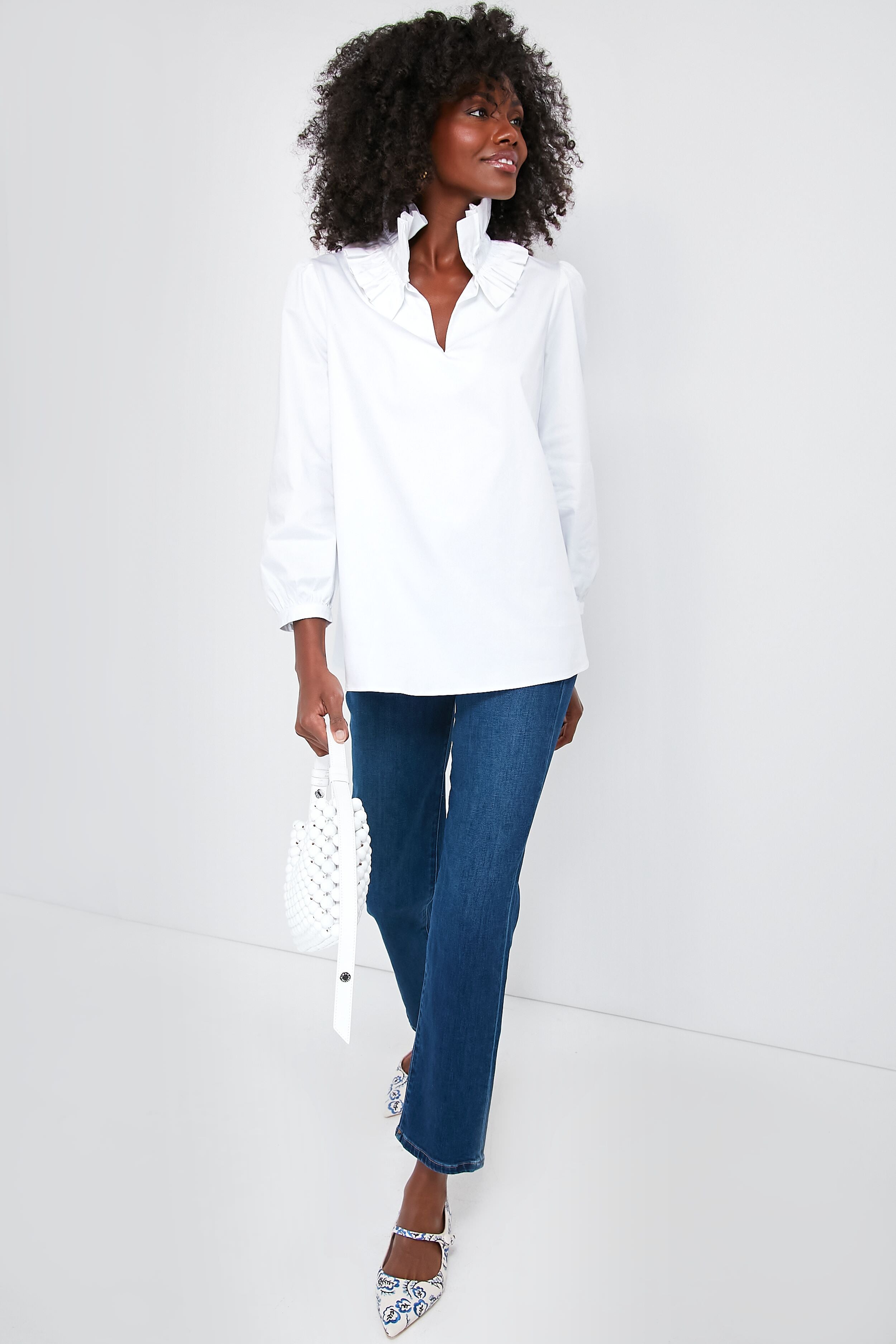 White Stretch Poplin Ruffle Neck Bouvier Blouse