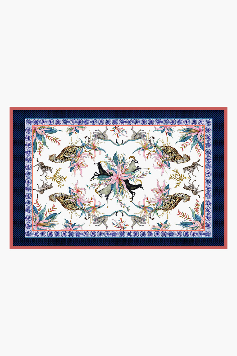 Ardmore Design rectangular rug inspired by South African art, showcasing leopards, antelopes, birds, and floral motifs with blue and red geometric borders—evoking the look of a handcrafted cotton tablecloth.