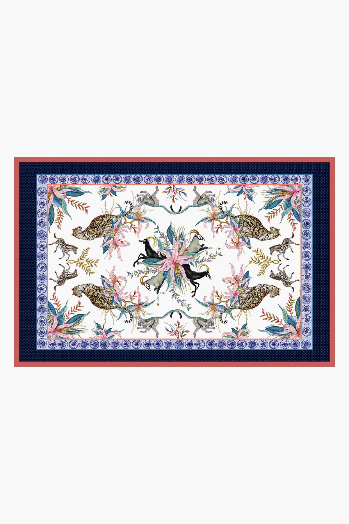 Ardmore Design rectangular rug inspired by South African art, showcasing leopards, antelopes, birds, and floral motifs with blue and red geometric borders—evoking the look of a handcrafted cotton tablecloth.