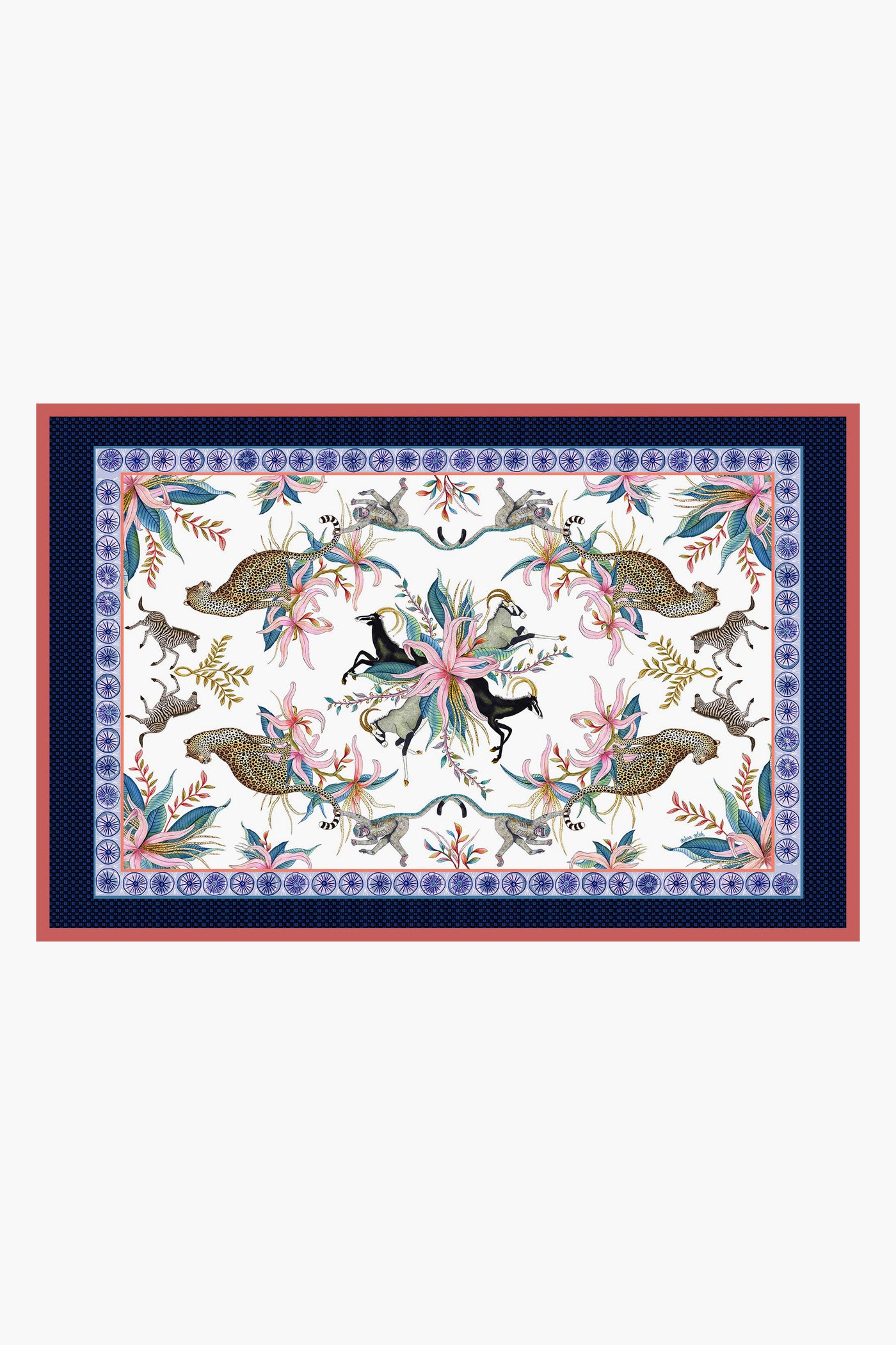 Ardmore Design rectangular rug inspired by South African art, showcasing leopards, antelopes, birds, and floral motifs with blue and red geometric borders—evoking the look of a handcrafted cotton tablecloth.