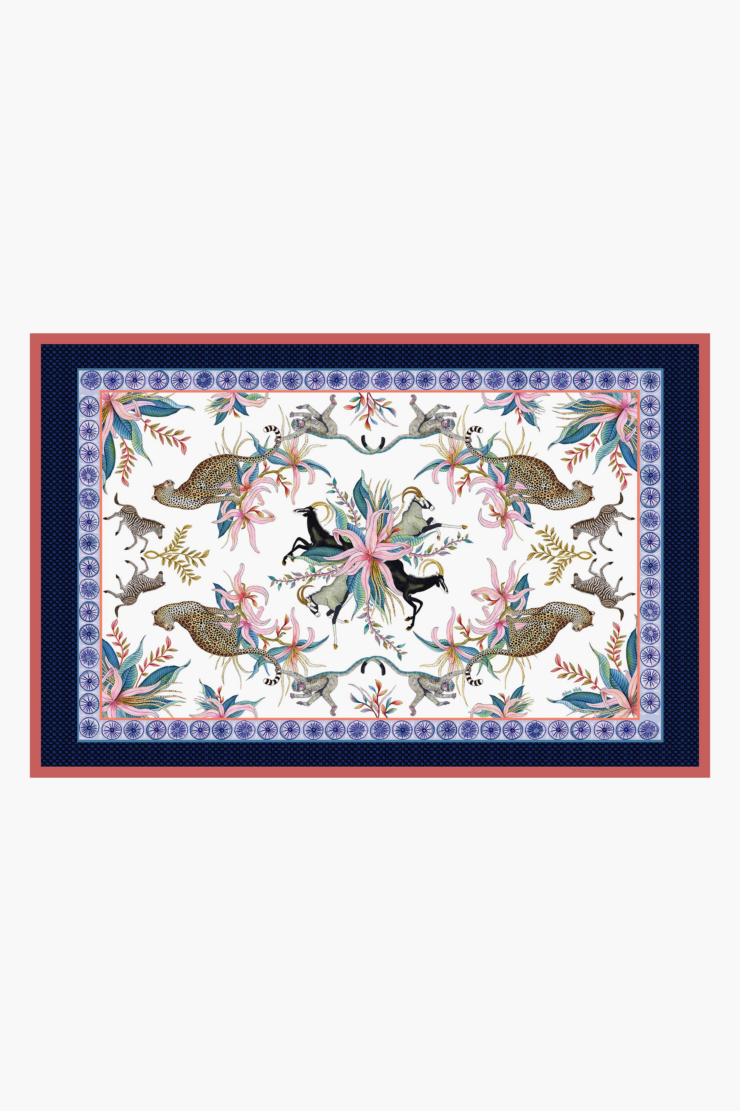Ardmore Design rectangular rug inspired by South African art, showcasing leopards, antelopes, birds, and floral motifs with blue and red geometric borders—evoking the look of a handcrafted cotton tablecloth.
