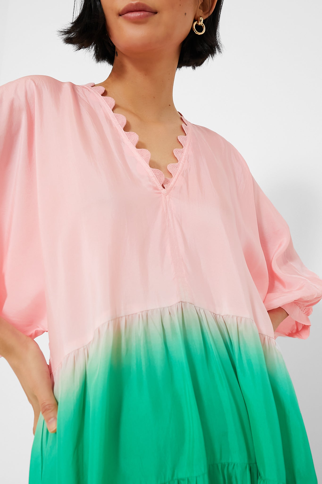 Peach and Emerald Bottle Green Ombre V-Neck Loose Maxi Dress with Ric Rac Trim | Juliet Dunn Peach and Emerald Bottle Green Ombre V-Neck Loose Maxi Dress with Ric Rac Trim | Juliet Dunn