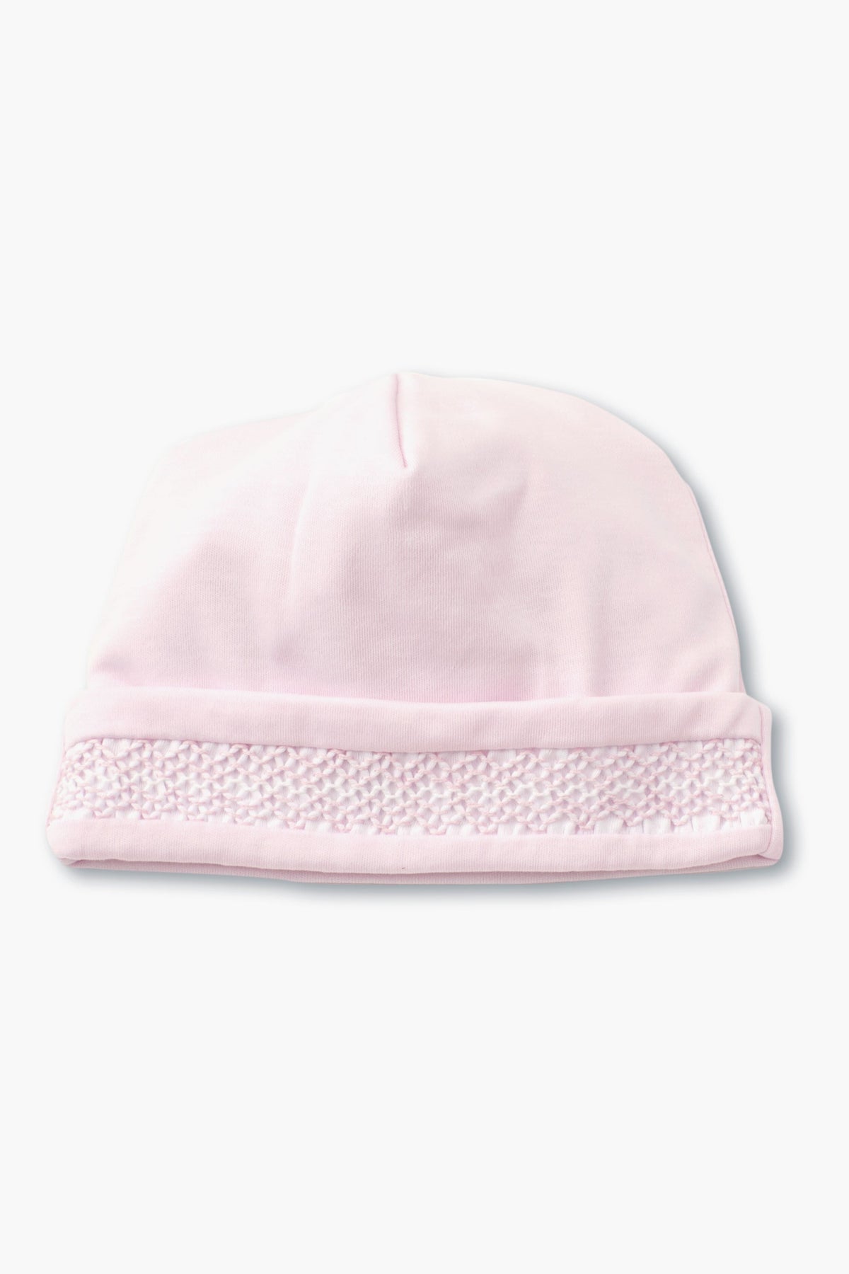 Kissy Kissy light pink baby hat crafted from soft Pima cotton, accented with a textured knitted band around the brim.