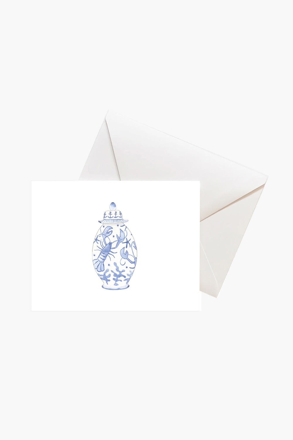 A Sara Fitz white card with a blue and white ginger jar illustration sits before a plain white envelope—perfect for classic elegance stationery or chinoiserie-inspired notes.