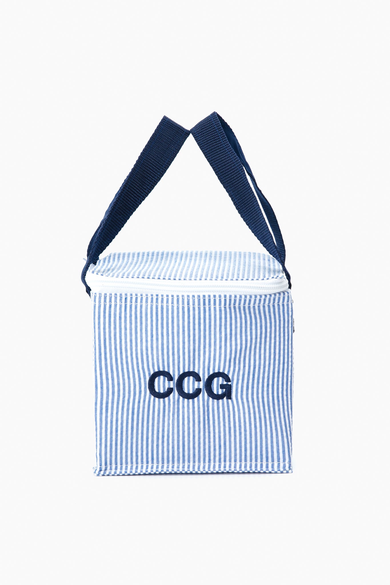 A blue and white striped insulated snack bag by Caton's Wharf, featuring navy handles and CCG initials embroidered on the front.