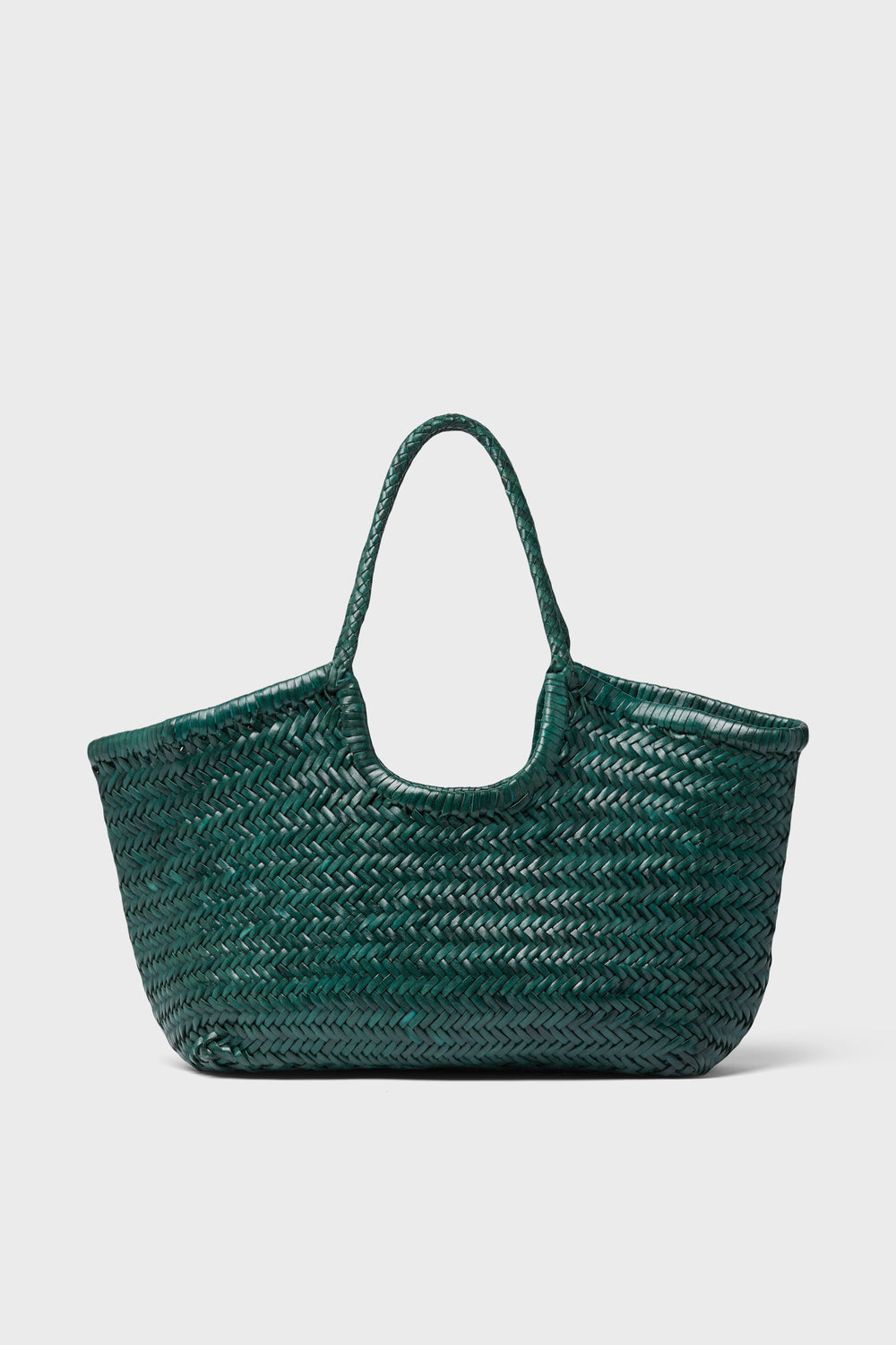 Dragon Diffusion's handwoven tote bag in dark green features a basket-style design with two handles, crafted from premium woven leather.