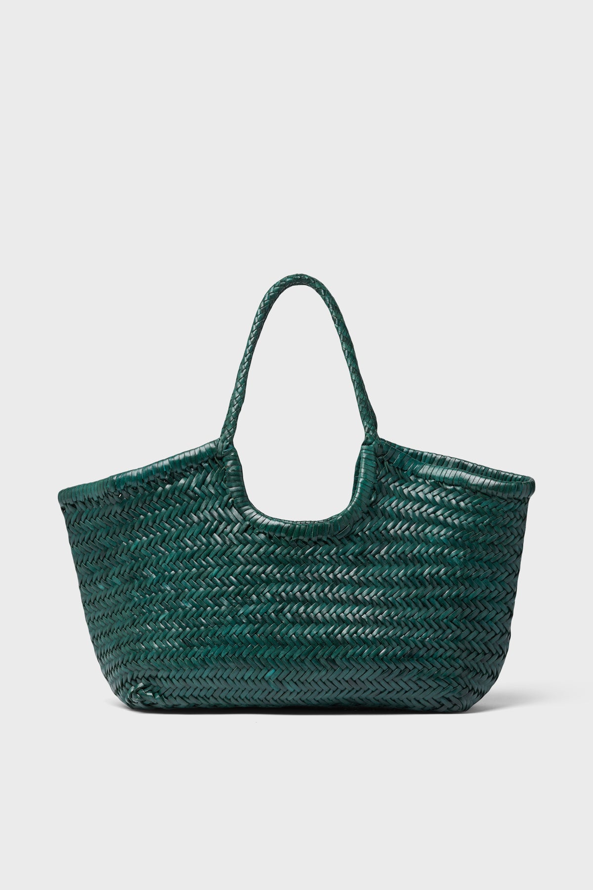 Dragon Diffusion's handwoven tote bag in dark green features a basket-style design with two handles, crafted from premium woven leather.
