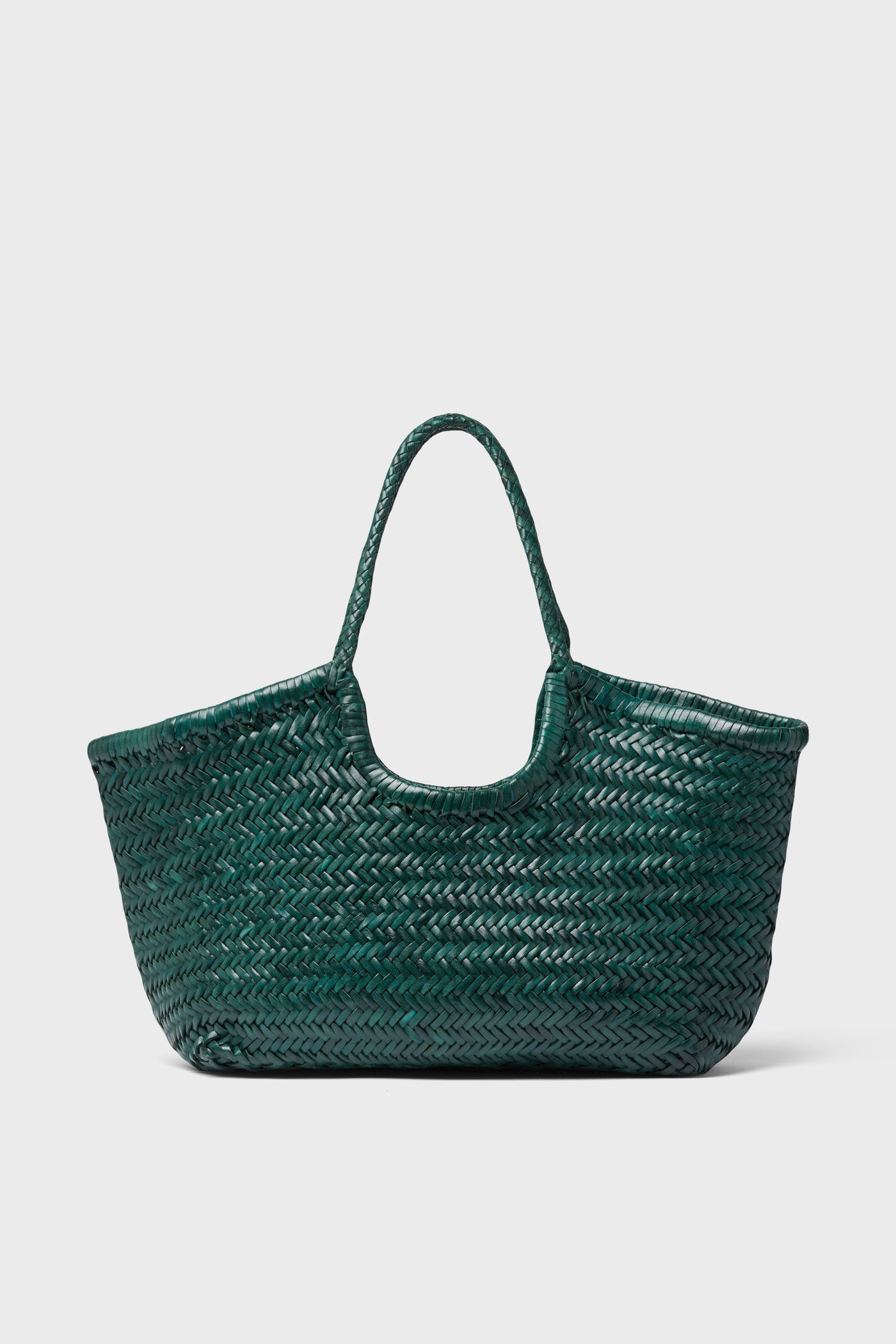 Dragon Diffusion's handwoven tote bag in dark green features a basket-style design with two handles, crafted from premium woven leather.