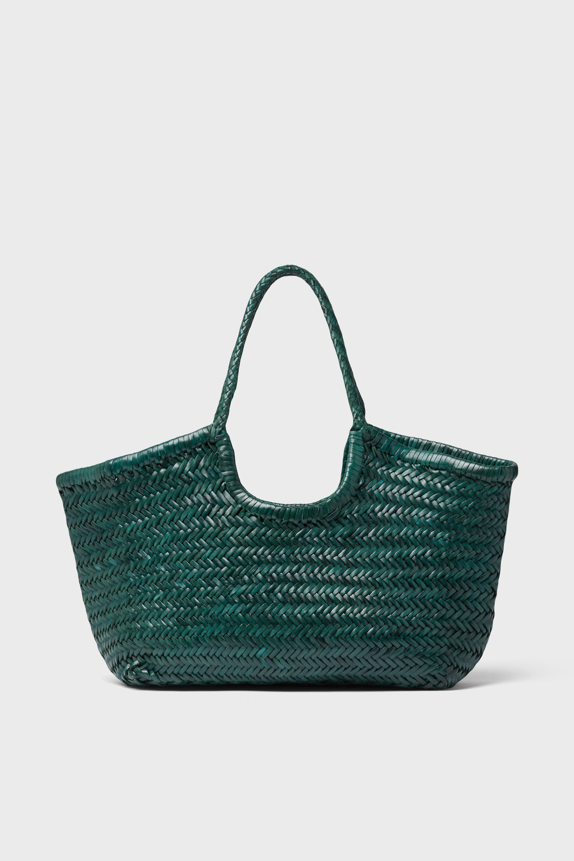 Dragon Diffusion's handwoven tote bag in dark green features a basket-style design with two handles, crafted from premium woven leather.