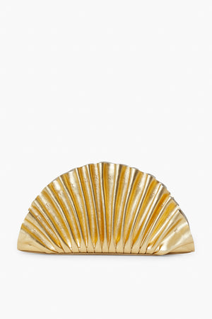 A gold metallic mini clutch purse featuring a pleated, fan-shaped design crafted in nappa leather by Cult Gaia.