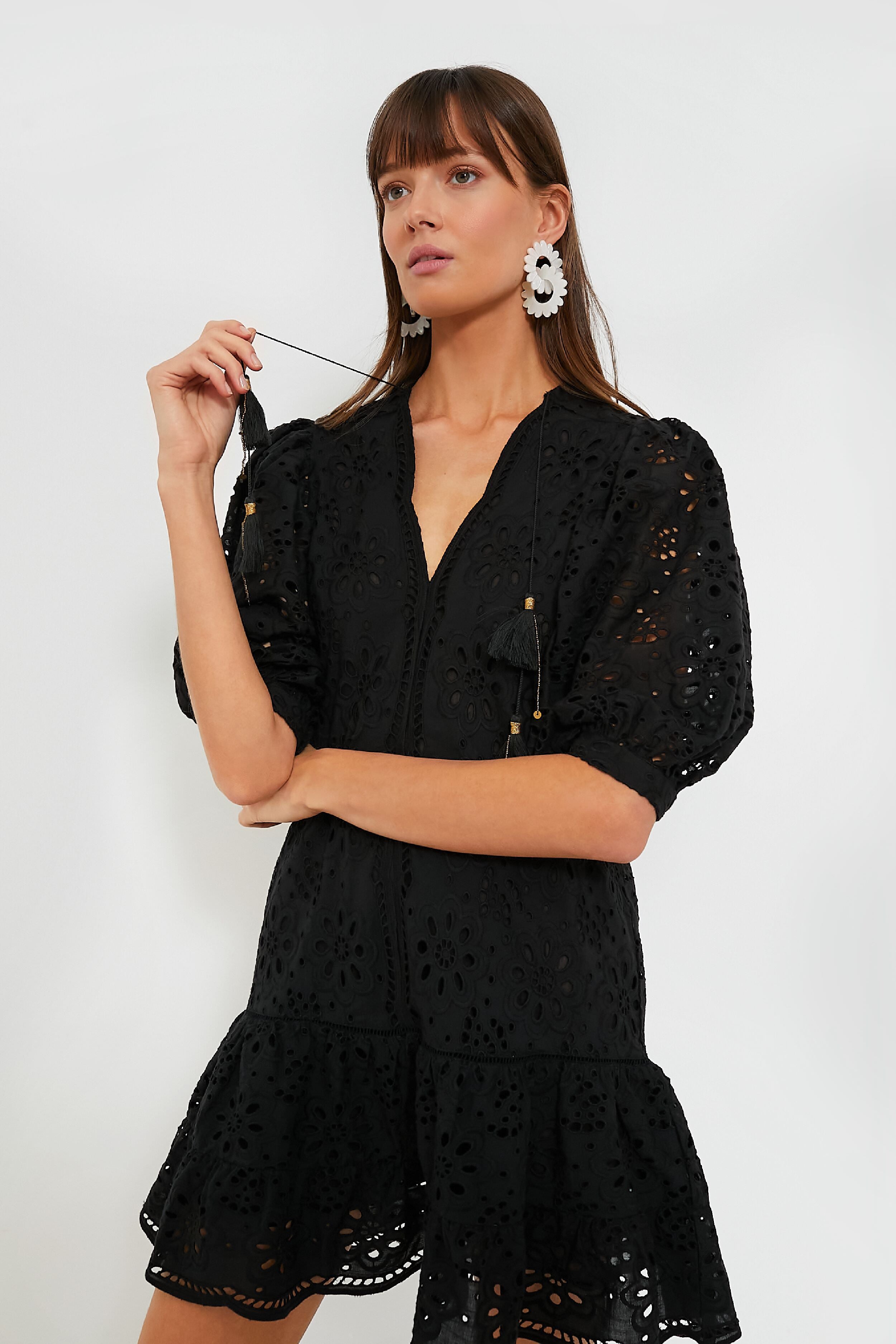 Black Bitsy Twill Mini Swing Dress