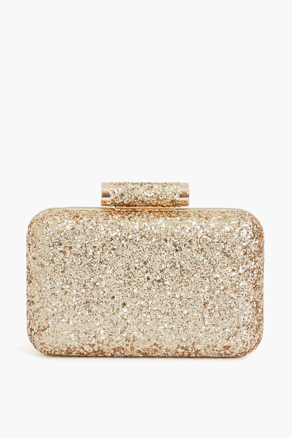 The Olga Berg rectangular gold glitter clutch features a matching glitter clasp and is crafted from vegan leather—an elegant evening bag choice.
