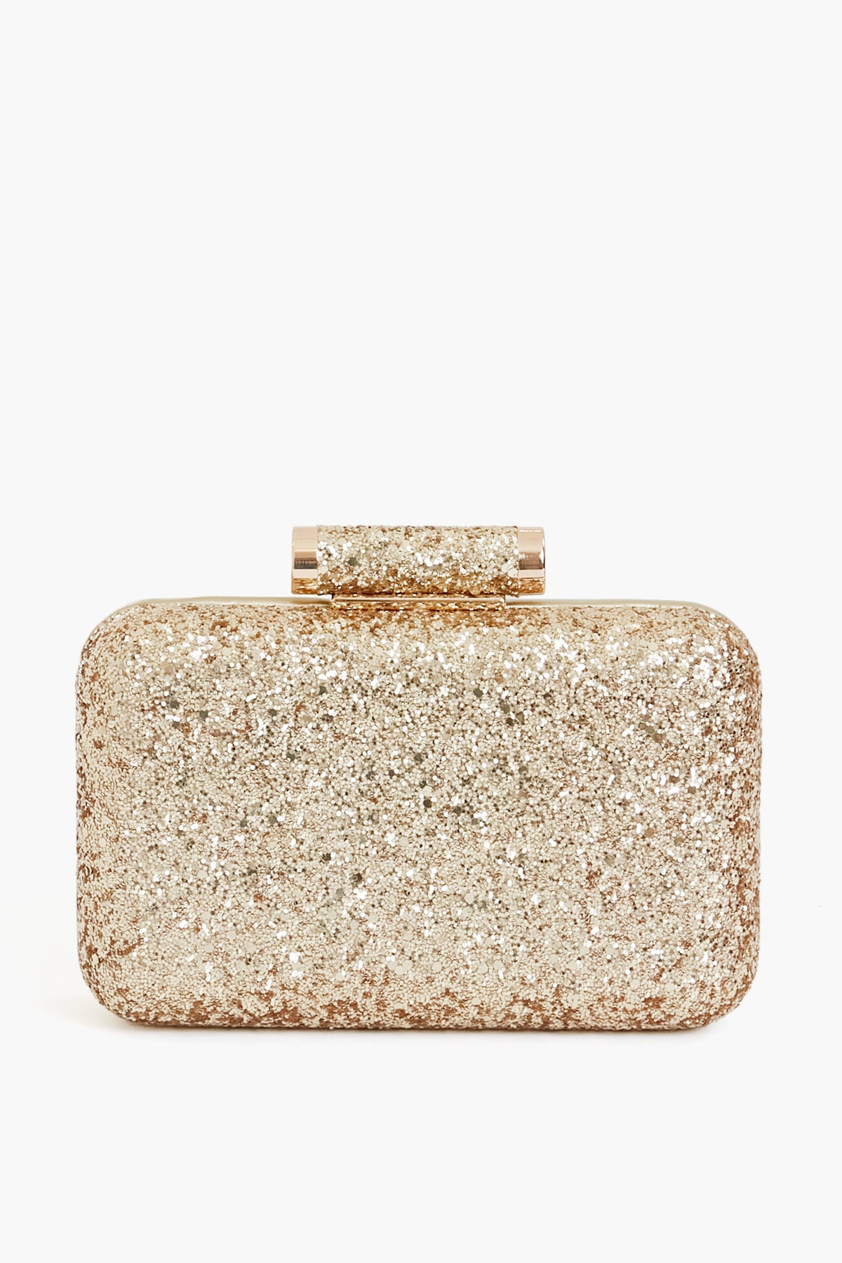 The Olga Berg rectangular gold glitter clutch features a matching glitter clasp and is crafted from vegan leather—an elegant evening bag choice.