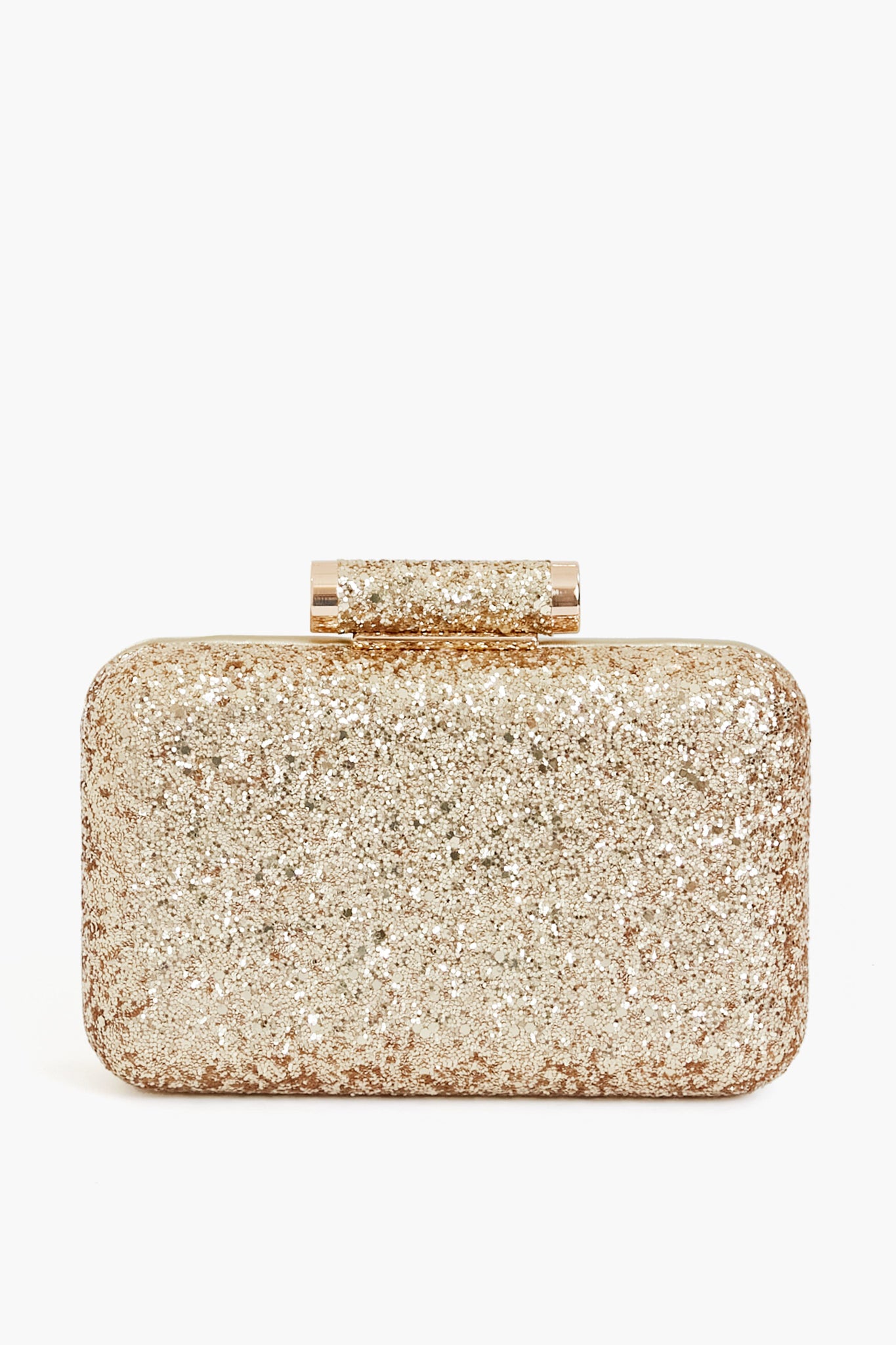 The Olga Berg rectangular gold glitter clutch features a matching glitter clasp and is crafted from vegan leather—an elegant evening bag choice.
