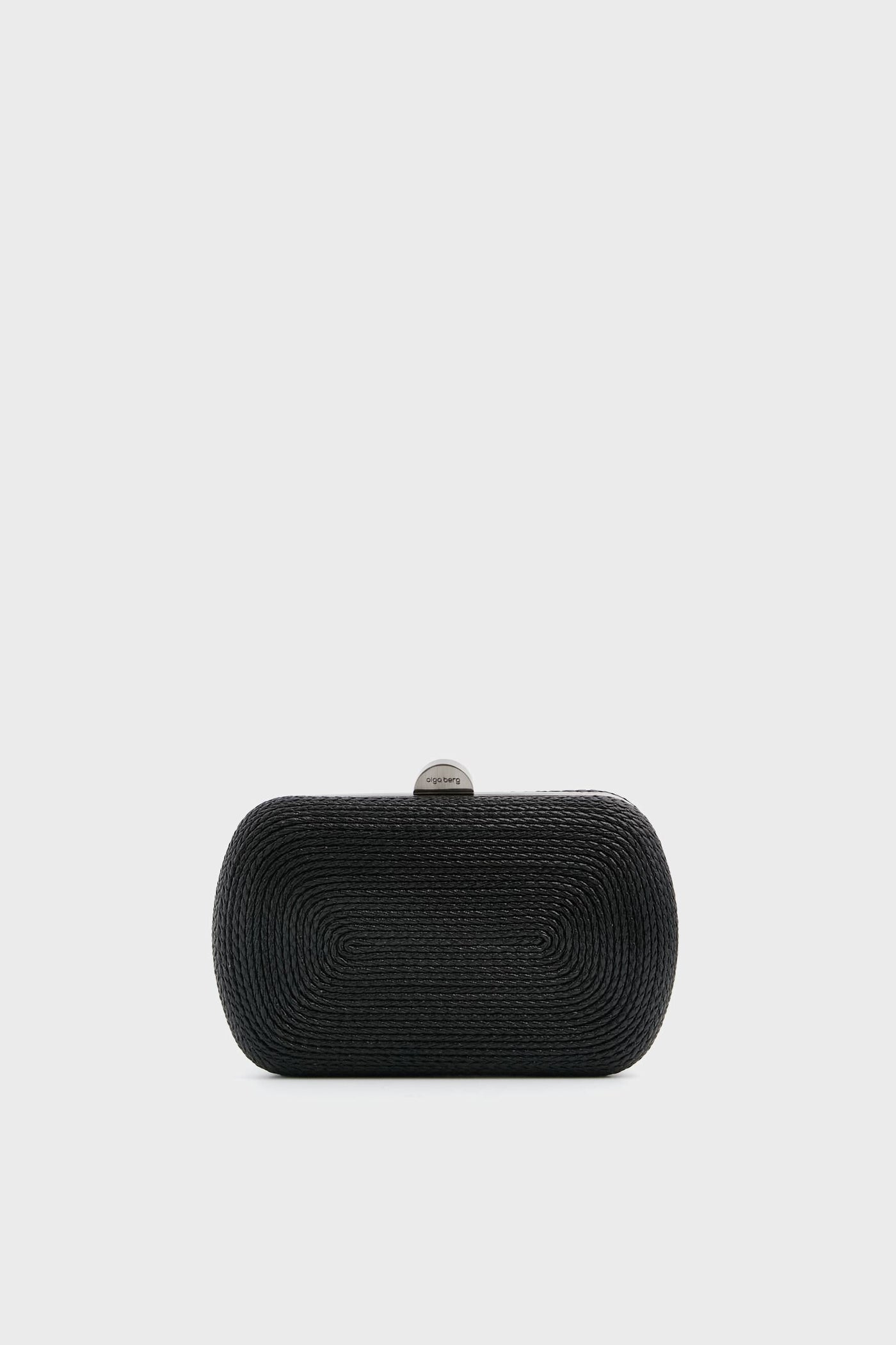 The Olga Berg black oval-shaped clutch features a textured concentric pattern and a metallic clasp—an elegant evening bag for special occasions.