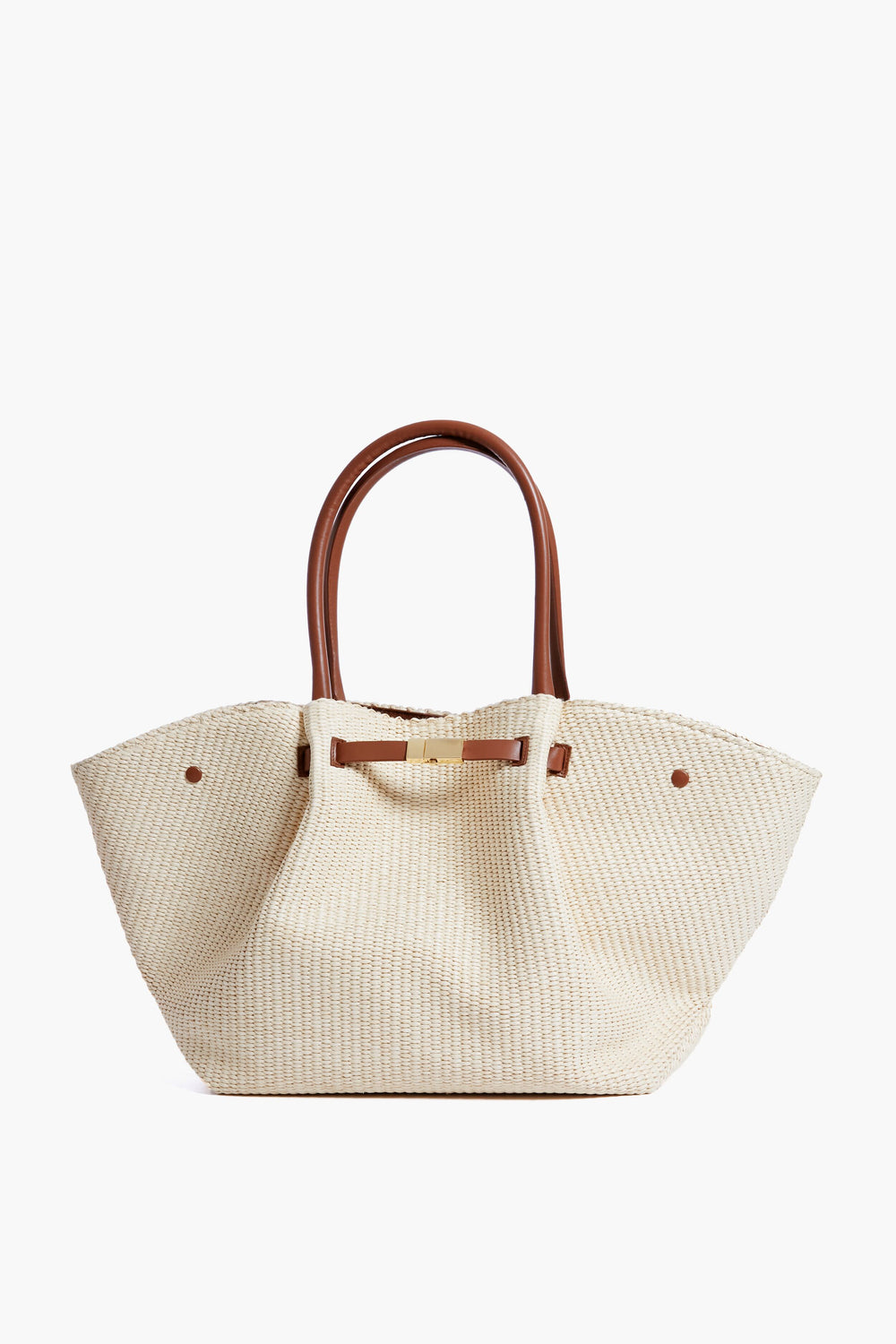 The Demellier woven beige straw tote bag features two brown leather handles, blending natural style with elegance in a handcrafted design.