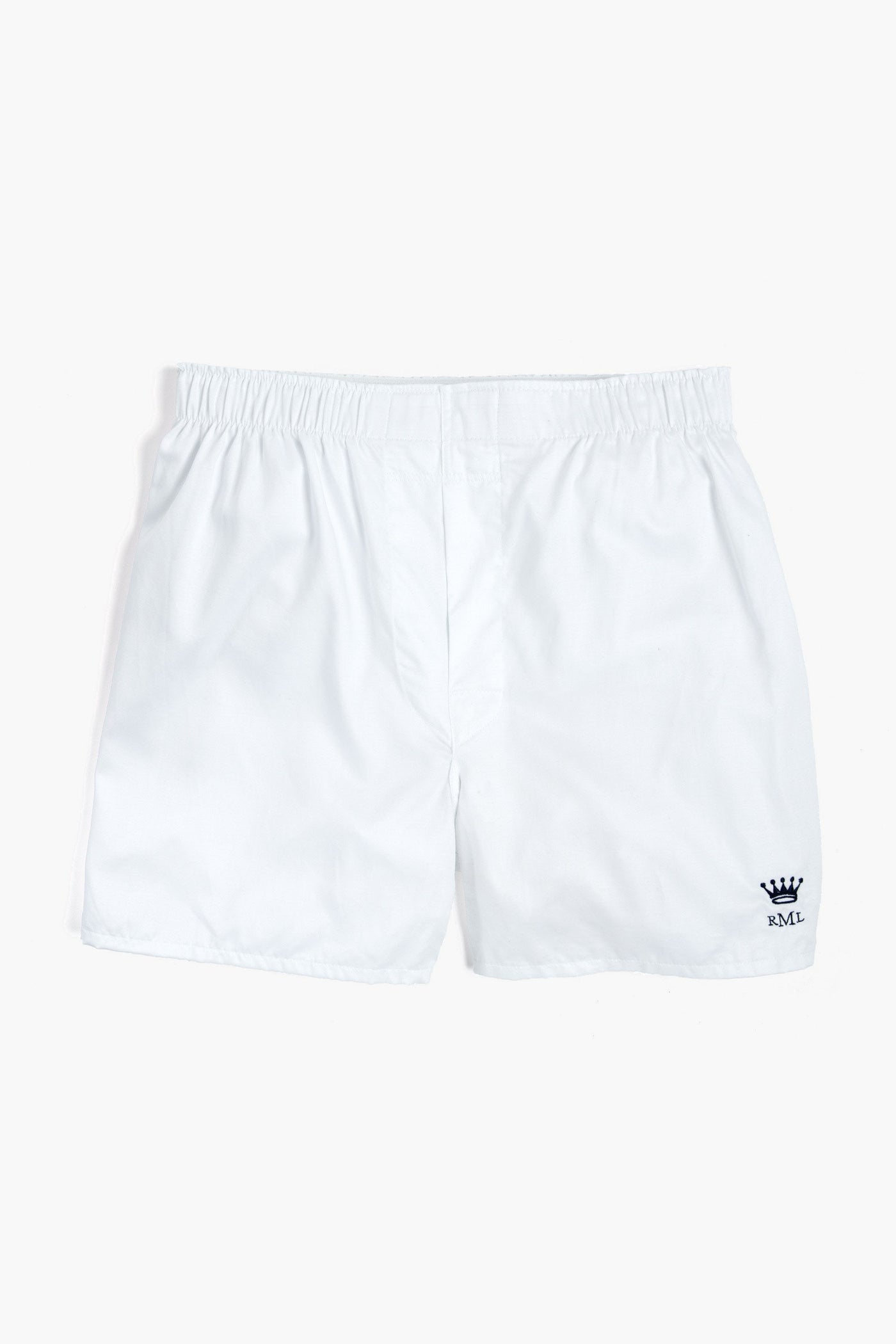A pair of soft Pima cotton Royal Highnies men's boxer shorts, featuring an elastic waistband and a small crown logo above the letters RML on the lower left leg.
