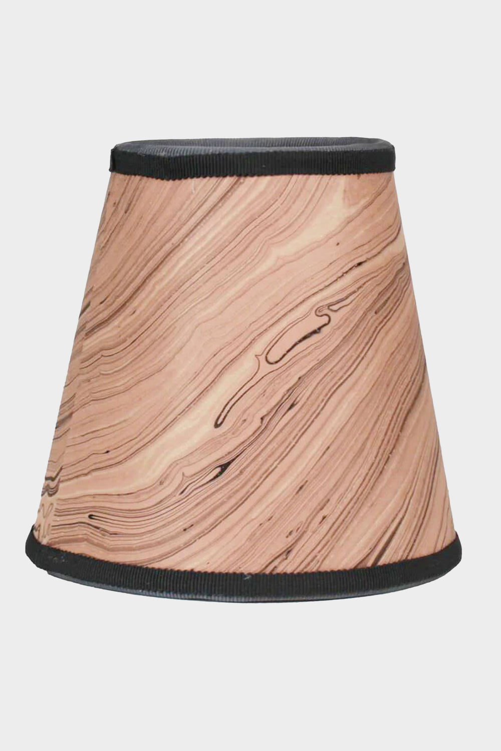 Maison Maison Design presents a small, cone-shaped handcrafted lampshade featuring a light brown marbled pattern and black trim, inspired by French antiques.