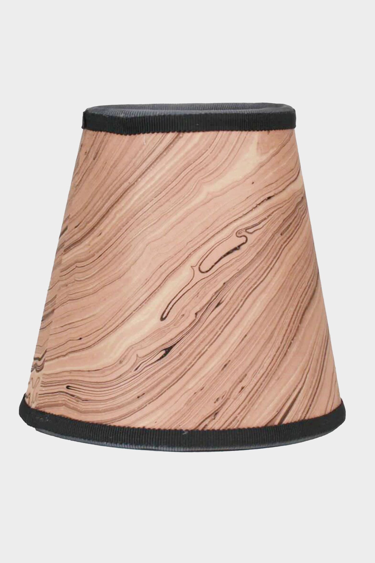Maison Maison Design presents a small, cone-shaped handcrafted lampshade featuring a light brown marbled pattern and black trim, inspired by French antiques.