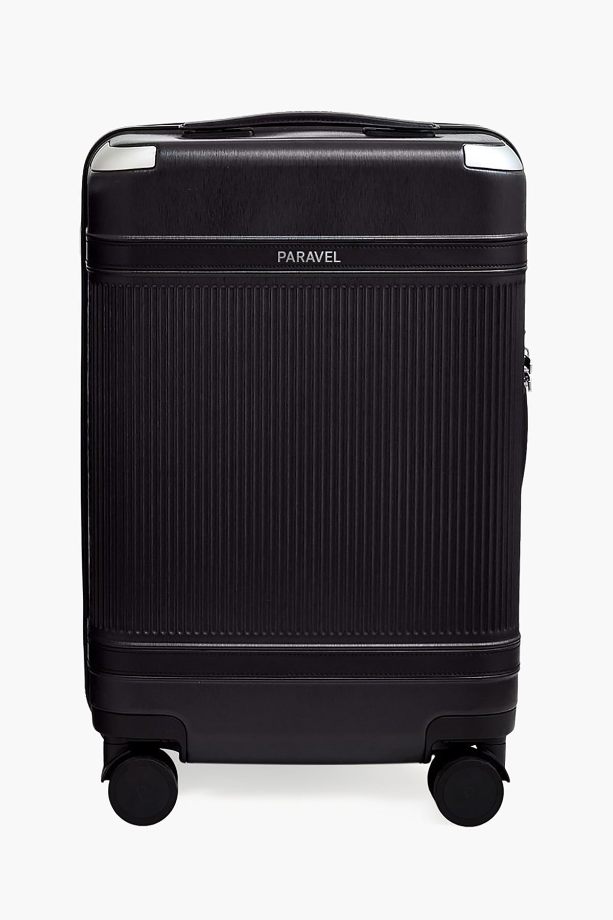 The Paravel black sustainable carry-on features a ribbed hard-shell made from recycled polycarbonate, silver accents, and four wheels. The Paravel logo is displayed near the top center.