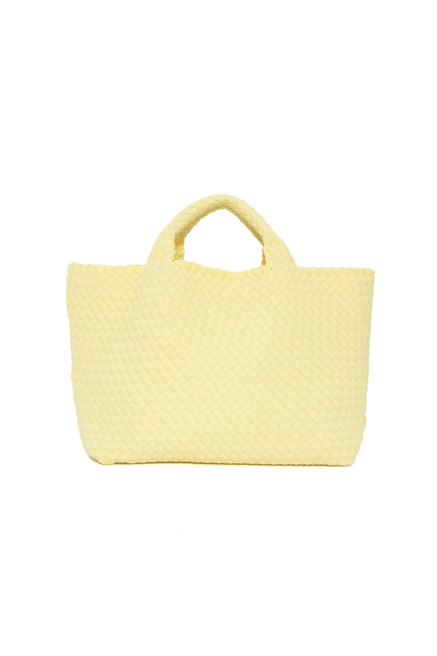 A yellow woven tote bag with two handles by Naghedi, inspired by their signature style and the popular St Barths Medium Tote.