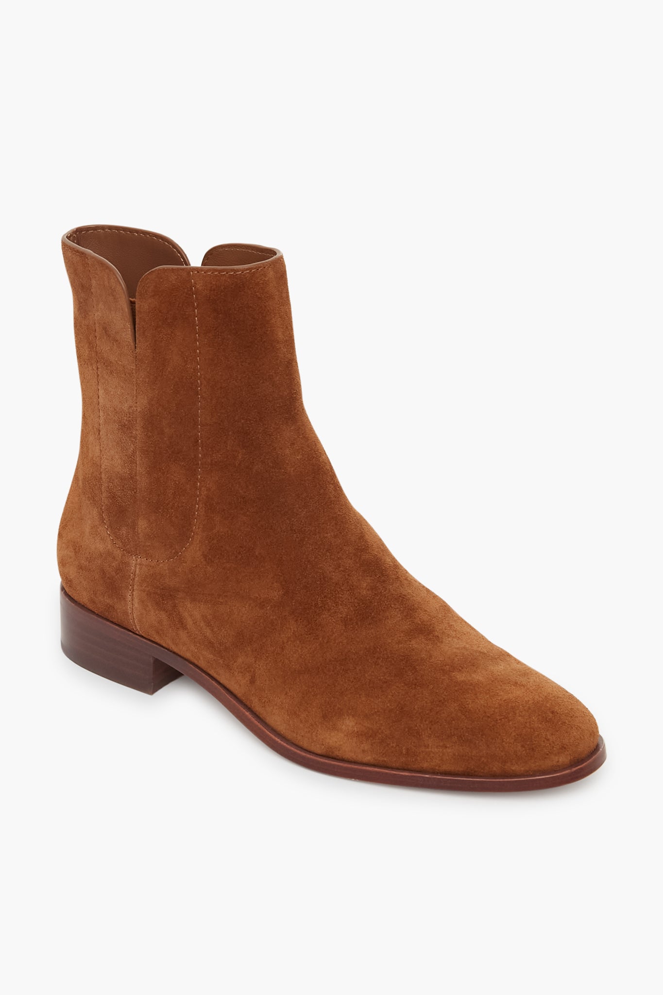 Loeffler Randall brown suede ankle boot with low wooden heel and side elastic panel, showcasing refined style.