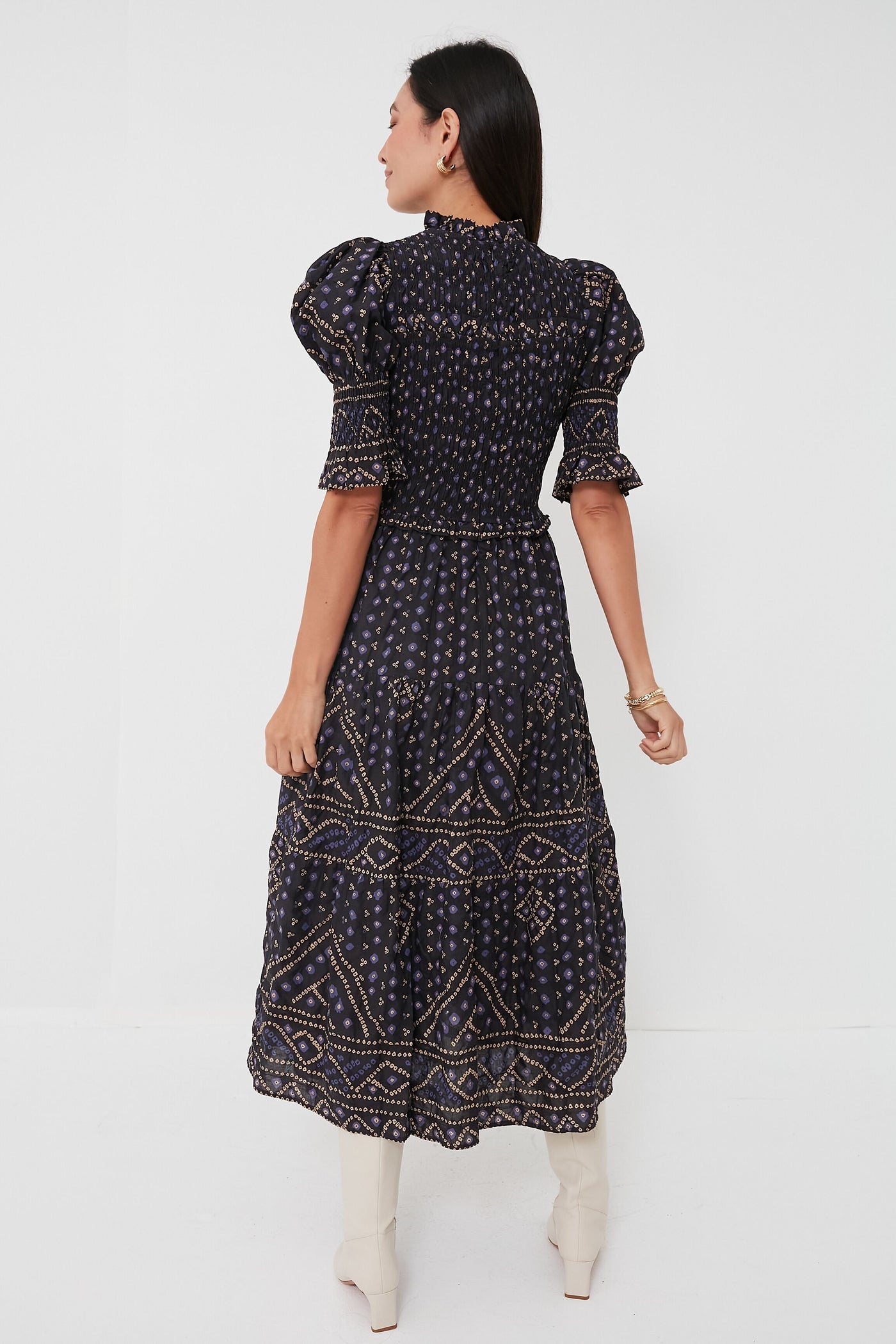 Blue Delphine Pucker Cotton Puff Sleeve Smocked Dress