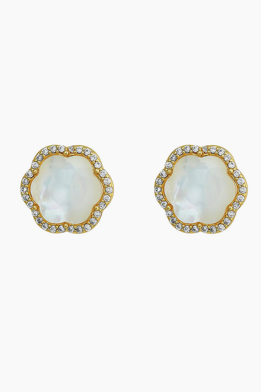 The ASHA Clementine Stud Earrings are crafted in 14k vermeil with scalloped edges, featuring a central mother of pearl surrounded by small clear gemstones.
