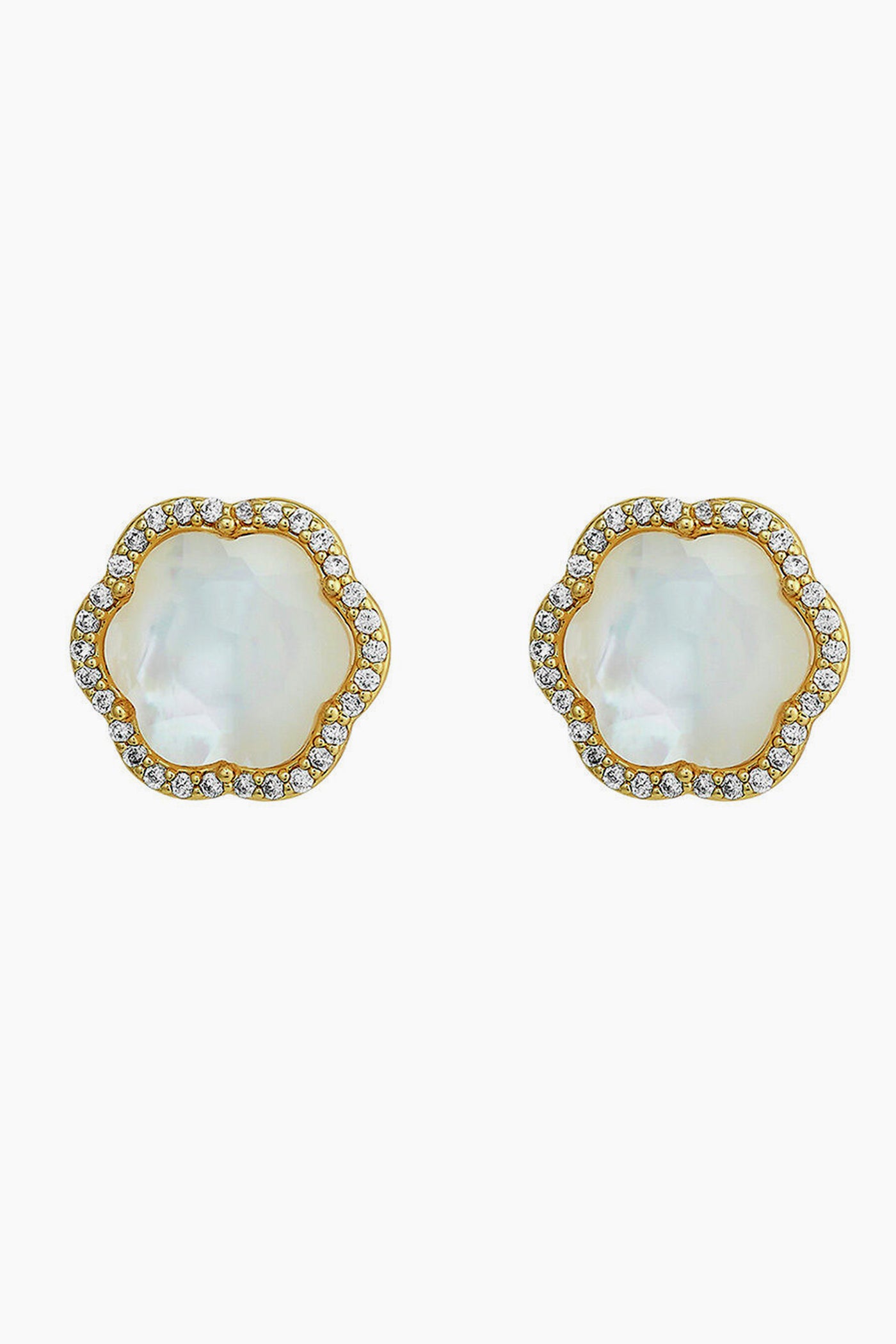 The ASHA Clementine Stud Earrings are crafted in 14k vermeil with scalloped edges, featuring a central mother of pearl surrounded by small clear gemstones.