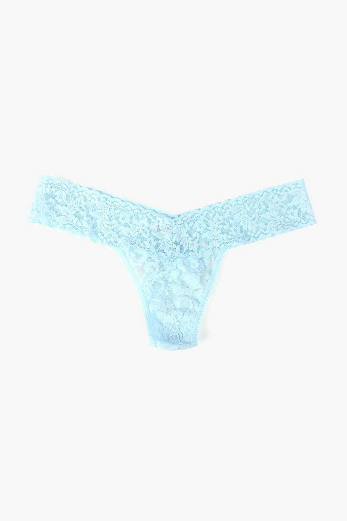 The Hanky Panky light blue low-rise thong features a delicate floral lace pattern, offering comfortable underwear and elegant style.