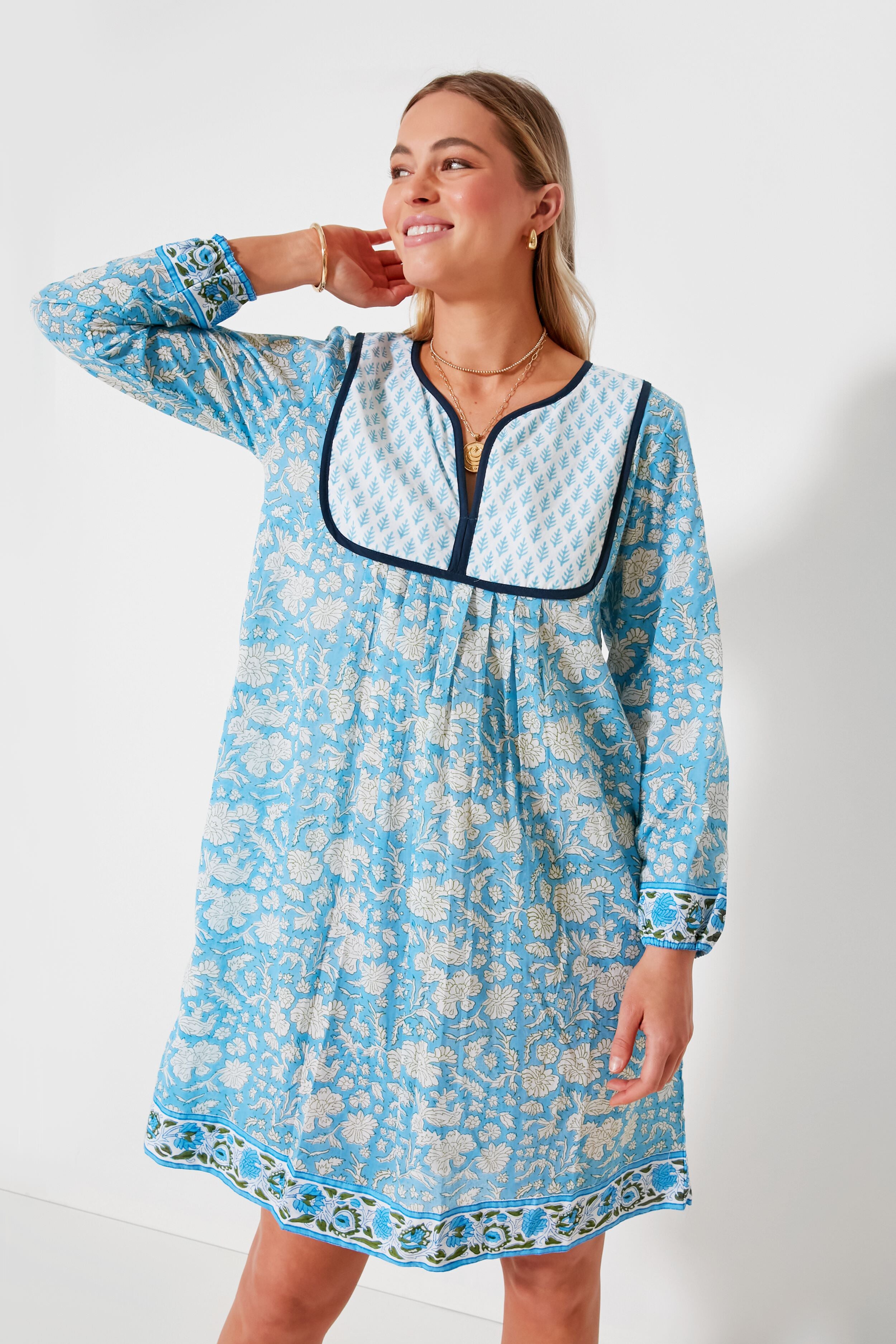China Blue Nila Print Jaipur Dress | SZ Blockprints
